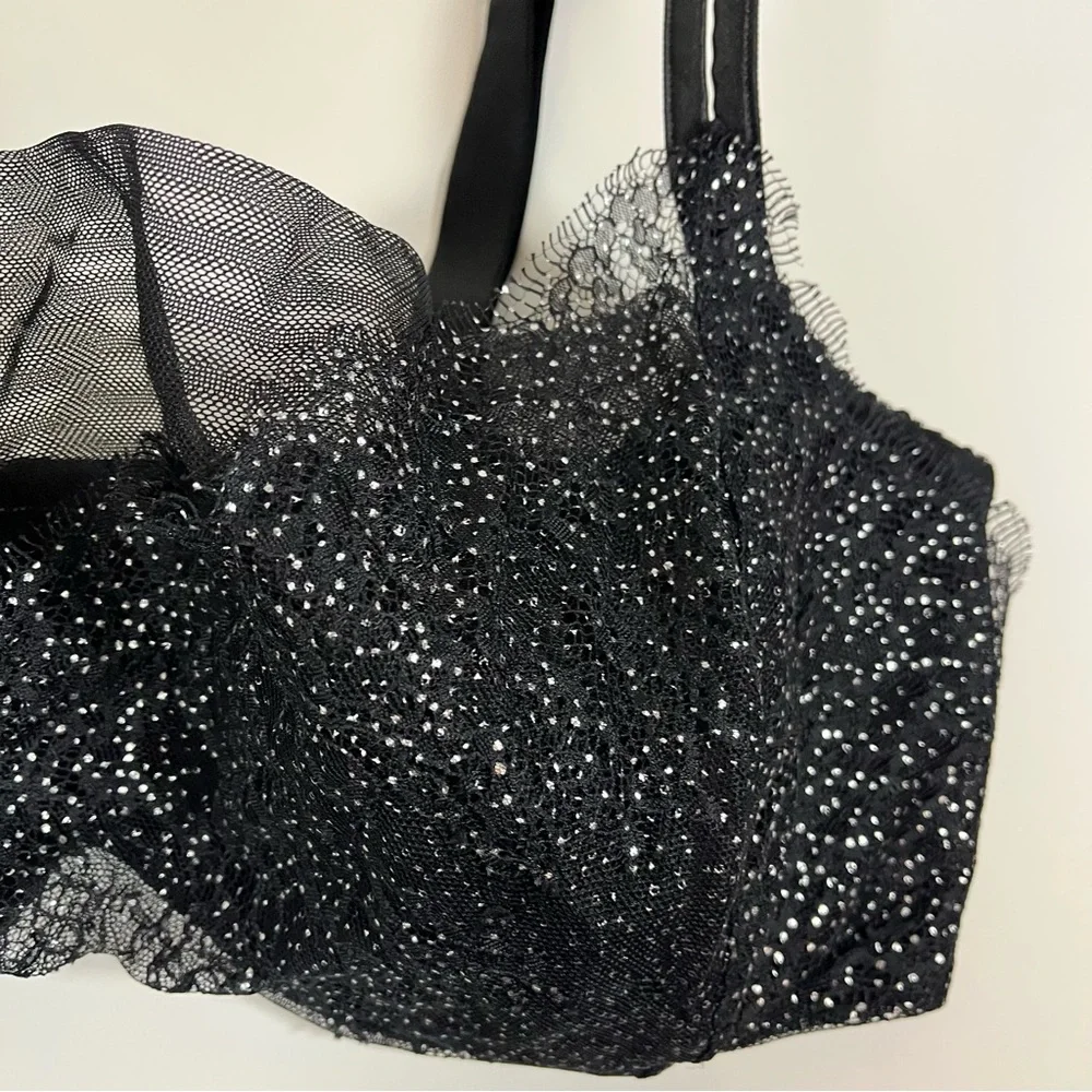 Cacique Asymmetrical Lace Hidden Wire French Balconette Black Sparkle size 40DDD